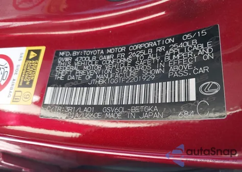 2015 Lexus Es 350 из США, поврежденный, VIN JTHBK1GG1F2201929